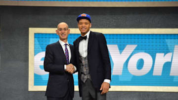 BROOKLYN, NY - JUNE 21: Kevin Knox shakes hands with NBA Commissioner Adam Silver after being selected number nine overall by the New York Knicks during the 2018 NBA Draft on June 21, 2018 at Barclays Center in Brooklyn, New York. NOTE TO USER: User expressly acknowledges and agrees that, by downloading and or using this photograph, User is consenting to the terms and conditions of the Getty Images License Agreement. Mandatory Copyright Notice: Copyright 2018 NBAE (Photo by Jesse D. Garrabrant/NBAE via Getty Images)