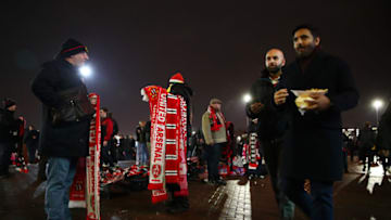 MANCHESTER, ENGLAND - DECEMBER 05: Merchandise is seen for sale as fans arrive outside the stadium prior to during the Premier League match between Manchester United and Arsenal FC at Old Trafford on December 5, 2018 in Manchester, United Kingdom. (Photo by Clive Brunskill/Getty Images)