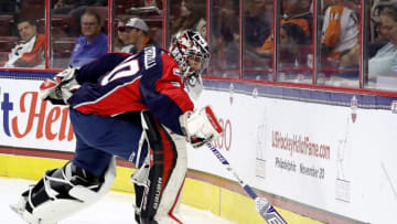 PHILADELPHIA, PA - SEPTEMBER 22: Keith Petruzzelli #30 of Team Howe clears the puck in the second period against Team LeClair during the CCM/USA Hockey All-American Prospects Game on September 22, 2016 at the Wells Fargo Center in Philadelphia, Pennsylvania. (Photo by Elsa/Getty Images)
