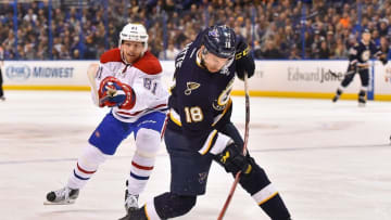 Jan 16, 2016; St. Louis, MO, USA; St. Louis Blues right wing Ty Rattie (18) takes a shot against the Montreal Canadiens during the second period at Scottrade Center. Mandatory Credit: Jasen Vinlove-USA TODAY Sports