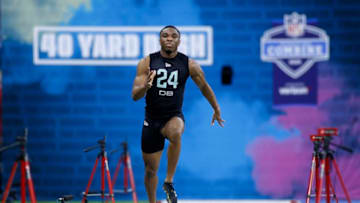 INDIANAPOLIS, IN - MARCH 01: Defensive back Jeff Okudah of Ohio State runs the 40-yard dash during the NFL Combine at Lucas Oil Stadium on February 29, 2020 in Indianapolis, Indiana. (Photo by Joe Robbins/Getty Images)