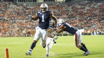 AUBURN, AL - SEPTEMBER 14: Quarterback Joey Gatewood #1 of the Auburn Tigers scores a touchdown during the fourth quarter of their game against the Kent State Golden Flashes at Jordan-Hare Stadium on September 14, 2019 in Auburn, Alabama. (Photo by Michael Chang/Getty Images)