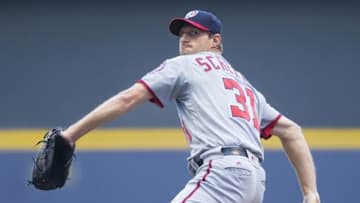 Jun 24, 2016; Milwaukee, WI, USA; Washington Nationals pitcher Max Scherzer (31) throws a pitch during the first inning against the Milwaukee Brewers at Miller Park. Mandatory Credit: Jeff Hanisch-USA TODAY Sports