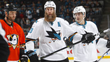 SAN JOSE, CA - OCTOBER 25: Joe Thornton #19 and Patrick Marleau #12 of the San Jose Sharks look on during the game against the Anaheim Ducks at SAP Center on October 25, 2016 in San Jose, California. (Photo by Rocky W. Widner/NHL/Getty Images)