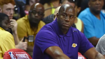 LAS VEGAS, NV - JULY 08: Los Angeles Lakers president of basketball operations Earvin 'Magic' Johnson watches the Lakers take on the Boston Celtics during the 2017 Summer League at the Thomas