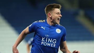 LEICESTER, ENGLAND - APRIL 23: Harvey Barnes of Leicester City celebrates after scoring his sides second goal during the Premier league 2 match between Leicester City and Derby County at King Power Stadium on April 23, 2018 in Leicester, England. (Photo by Alex Pantling/Getty Images)
