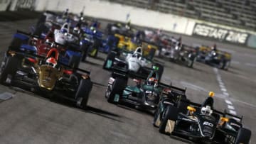 FORT WORTH, TX - AUGUST 27: Ed Carpenter driver of the #20 Fuzzy's Vodka Chevrolet leads a pack of cars during the Verizon IndyCar Series Firestone 600 at Texas Motor Speedway on August 27, 2016 in Fort Worth, Texas. (Photo by Mike Stone/Getty Images for Texas Motor Speedway)