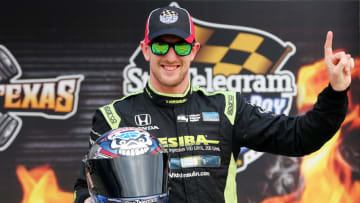 FORT WORTH, TX - JUNE 09: Charlie Kimball, driver of the #83 Tresiba Chip Ganassi Racing Teams Honda, poses for a photo after winning the pole award after qualifying for the Verizon IndyCar Series Rainguard Water Sealers 600 at Texas Motor Speedway on June 9, 2017 in Fort Worth, Texas. (Photo by Sarah Crabill/Getty Images)