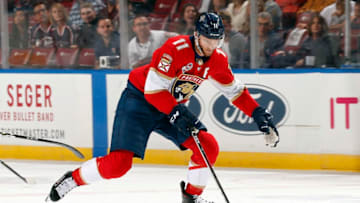 SUNRISE, FL - JANUARY 5: Jonathan Huberdeau #11 of the Florida Panthers skates with the puck against the Columbus Blue Jackets at the BB&T Center on January 5, 2019 in Sunrise, Florida. (Photo by Eliot J. Schechter/NHLI via Getty Images)