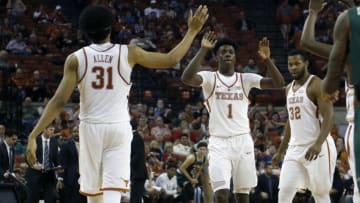 AUSTIN, TX - DECEMBER 21: Jarrett Allen #31, Andrew Jones #1 and Shaquille Cleare #32 of the Texas Longhorns high five during the game with the UAB Blazers at the Frank Erwin Center on December 21, 2016 in Austin, Texas. (Photo by Chris Covatta/Getty Images)