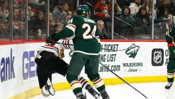 ST. PAUL, MN - FEBRUARY 10: Minnesota Wild defenseman Matt Dumba (24) checks Chicago Blackhawks center Jonathan Toews (19) in the 3rd period during the Central Division game between the Chicago Blackhawks and the Minnesota Wild on February 10, 2018 at Xcel Energy Center in St. Paul, Minnesota. The Wild defeated the Blackhawks 3-0. (Photo by David Berding/Icon Sportswire via Getty Images)