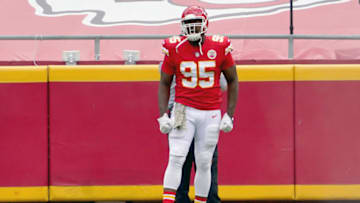 Nov 8, 2020; Kansas City, Missouri, USA; Kansas City Chiefs defensive tackle Chris Jones (95) is introduced before the game against the Carolina Panthers at Arrowhead Stadium. Mandatory Credit: Denny Medley-USA TODAY Sports