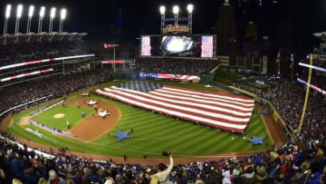 Oct 25, 2016; Cleveland, OH, USA; General view during the playing of the national anthem before game one of the 2016 World Series between the Chicago Cubs and the Cleveland Indians at Progressive Field. Mandatory Credit: David Richard-USA TODAY Sports