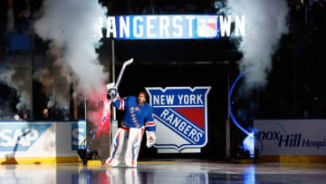 NEW YORK, NY - OCTOBER 10: Henrik Lundqvist #30 of the New York Rangers takes the ice as he is introduced to the crowd prior to the Rangers home opener against the Columbus Blue Jackets at Madison Square Garden on October 10, 2015 in New York City. The New York Rangers won 5-2. (Photo by Jared Silber/NHLI via Getty Images)