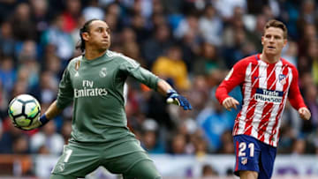 MADRID, SPAIN - APRIL 08: Goal Keeper Keylor Navasof Real Madrid in action during the La Liga match between Real Madrid and Atletico de Madrid at Estadio Santiago Bernabeu on April 8, 2018 in Madrid, Spain. (Photo by Helios de la Rubia/Real Madrid via Getty Images)