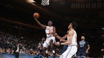 NEW YORK, NY - FEBRUARY 22: Damyean Dotson #21 of the New York Knicks drives to the basket during the game against the Minnesota Timberwolves on February 22, 2019 at Madison Square Garden in New York City, New York. NOTE TO USER: User expressly acknowledges and agrees that, by downloading and or using this photograph, User is consenting to the terms and conditions of the Getty Images License Agreement. Mandatory Copyright Notice: Copyright 2019 NBAE (Photo by Nathaniel S. Butler/NBAE via Getty Images)