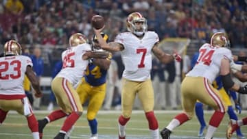 Nov 1, 2015; St. Louis, MO, USA; San Francisco 49ers quarterback Colin Kaepernick (7) throws the ball during the first half against the St. Louis Rams at the Edward Jones Dome. Mandatory Credit: Denny Medley-USA TODAY Sports