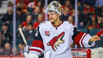 Nov 16, 2016; Calgary, Alberta, CAN; Arizona Coyotes goalie Mike Smith (41) during the first period against the Calgary Flames at Scotiabank Saddledome. Mandatory Credit: Sergei Belski-USA TODAY Sports