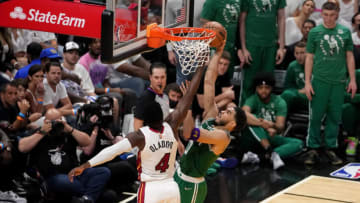 Jayson Tatum #0 of the Boston Celtics shoots the ball against Victor Oladipo #4 of the Miami Heat(Photo by Eric Espada/Getty Images)