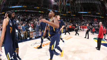 SALT LAKE CITY, UT - NOBEMBER 1: Donovan Mitchell #45 of the Utah Jazz high fives teammates after the game against the Portland Trail Blazers on November 1, 2017 at vivint.SmartHome Arena in Salt Lake City, Utah. Copyright 2017 NBAE (Photo by Melissa Majchrzak/NBAE via Getty Images)
