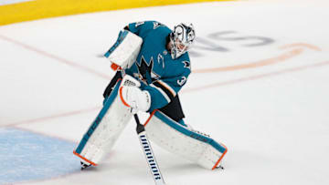 SAN JOSE, CA - APRIL 18: Martin Jones #31 of the San Jose Sharks clears the puck against the Vegas Golden Knights in Game Five of the Western Conference First Round during the 2019 NHL Stanley Cup Playoffs at SAP Center on April 18, 2019 in San Jose, California. (Photo by Lachlan Cunningham/Getty Images)