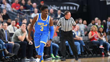 LAS VEGAS, NV - MARCH 9: UCLA guard Aaron Holiday (3) celebrates a shot during the semifinal game of the mens Pac-12 Tournament between the UCLA Bruins and the Arizona Wildcats on March 9, 2018, at the T-Mobile Arena in Las Vegas, NV. (Photo by Brian Rothmuller/Icon Sportswire via Getty Images)