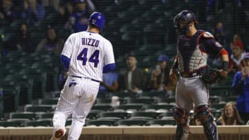 May 17, 2021; Chicago, Illinois, USA; Chicago Cubs first baseman Anthony Rizzo (44) scores against the Washington Nationals during the eight inning at Wrigley Field. Mandatory Credit: Kamil Krzaczynski-USA TODAY Sports