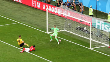 SAINT PETERSBURG, RUSSIA - JULY 14: Thomas Meunier of Belgium scores his team's first goal during the 2018 FIFA World Cup Russia 3rd Place Playoff match between Belgium and England at Saint Petersburg Stadium on July 14, 2018 in Saint Petersburg, Russia. (Photo by Kevin C. Cox/Getty Images)