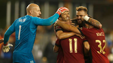 SAN JOSE, CA - SEPTEMBER 19: Atlanta United celebrate their 4-3 win over the San Jose Earthquakes at Avaya Stadium in San Jose, Calif., on Wednesday, Sept. 19, 2018. (Nhat V. Meyer/Digital First Media/The Mercury News via Getty Images)