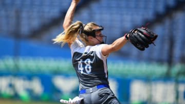 CHIBA, JAPAN - AUGUST 11: Meghan Christine King #48 of Puerto Rico pitches against Canada during their Playoff Round match at ZOZO Marine Stadium on day ten of the WBSC Women's Softball World Championship on August 11, 2018 in Chiba, Japan. (Photo by Takashi Aoyama/Getty Images)