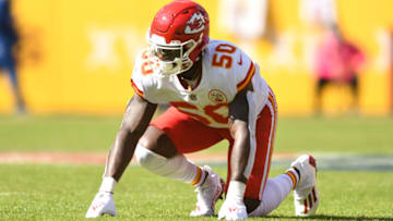 LANDOVER, MARYLAND - OCTOBER 17: Willie Gay Jr. #50 of the Kansas City Chiefs in position during a NFL football game against the Washington Football Team at FedExField on October 17, 2021 in Landover, Maryland. (Photo by Mitchell Layton/Getty Images)