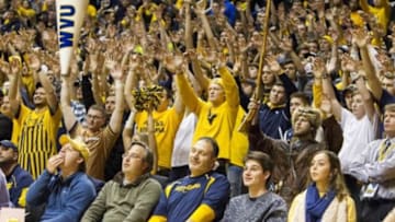 Jan 12, 2016; Morgantown, WV, USA; The West Virginia Mountaineers student section during the second half against the Kansas Jayhawks at the WVU Coliseum. Mandatory Credit: Ben Queen-USA TODAY Sports