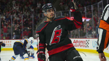 Feb 21, 2023; Raleigh, North Carolina, USA; Carolina Hurricanes center Seth Jarvis (24) celebrates his goal against the St. Louis Blues during the third period at PNC Arena. Mandatory Credit: James Guillory-USA TODAY Sports