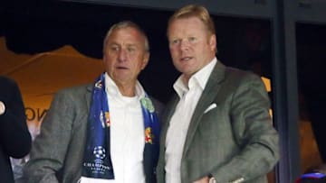 Johan Cruyff (L), Ronald Koeman (R) during the Champions League match between Ajax Amsterdam and FC Barcelona on November 26, 2013 at the Amsterdam Arena in Amsterdam, The Netherlands.(Photo by VI Images via Getty Images)