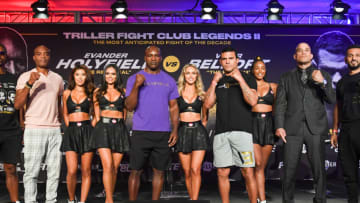 FORT LAUDERDALE, FL - SEPTEMBER 09: Andy Vences, David Haye, Anderson Silva, Evander Holyfield, Vitor Belfort, Tito Ortiz, Joe Fournier and Jono Carroll pose during a press conference ahead of the heavyweight fight between Evander Holyfield and Vitor Belfort on September 11 at The Harbor Beach Marriott on September 9, 2021 in Fort Lauderdale, Florida. (Photo by Eric Espada/Getty Images)