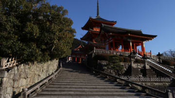 KYOTO, JAPAN - JANUARY 18: Deserted stairs are seen at a Kiyomizu Temple, normally crowded with tourists, on January 18, 2021 in Kyoto, Japan. Kyoto, along with a Osaka and several other prefectures, was brought under a state of emergency last week by the Japanese government as they grapple to contain the third, and most virulent, wave of Covid-19 coronavirus to hit the country. (Photo by Buddhika Weerasinghe/Getty Images)