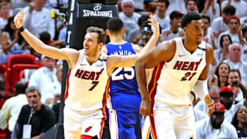 The Miami Heat's Goran Dragic (7) celebrates a basket in the third quarter against the Philadelphia 76ers in Game 4 of the first-round NBA Playoff series at the AmericaneAirlines Arena in Miami on Saturday, April 21, 2018. The Sixers won, 106-102, for a 3-1 series lead. (Charles Trainor Jr./Miami Herald/TNS via Getty Images)