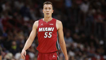 Duncan Robinson #55 of the Miami Heat looks on against the Milwaukee Bucks(Photo by Michael Reaves/Getty Images)