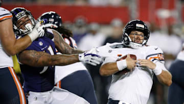 CANTON, OH - AUGUST 02: Chase Daniel #4 of the Chicago Bears gets sacked by Kamalei Correa #51 of the Baltimore Ravens in the second quarter of the Hall of Fame Game at Tom Benson Hall of Fame Stadium on August 2, 2018 in Canton, Ohio. (Photo by Joe Robbins/Getty Images)