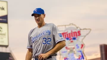 Jun 9, 2015; Minneapolis, MN, USA; Kansas City Royals starting pitcher Chris Young (32) walks back to the dugout in the sixth inning against the Minnesota Twins at Target Field. the Kansas City Royals beat the Minnesota Twins 2-0. Mandatory Credit: Brad Rempel-USA TODAY Sports