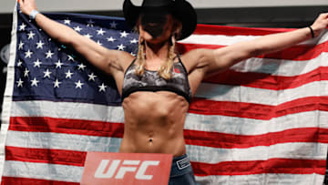 SANTIAGO, CHILE - MAY 18: Andrea Lee of the United States poses on the scale during the UFC Fight Night weigh-in at Movistar Arena on May 18, 2018 in Santiago, Chile. (Photo by Buda Mendes/Zuffa LLC/Zuffa LLC via Getty Images)