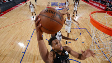 LAS VEGAS, NV - JULY 13: Trevor Thompson #55 of the Brooklyn Nets goes to the basket against the Indiana Pacers during the 2018 Las Vegas Summer League on July 13, 2018 at the Cox Pavilion in Las Vegas, Nevada. NOTE TO USER: User expressly acknowledges and agrees that, by downloading and/or using this photograph, user is consenting to the terms and conditions of the Getty Images License Agreement. Mandatory Copyright Notice: Copyright 2018 NBAE (Photo by David Dow/NBAE via Getty Images)
