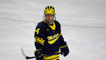 AMHERST, MASSACHUSETTS - OCTOBER 13: Gavin Brindley #4 of the Michigan Wolverines skates against the Massachusetts Minutemen during NCAA men's hockey at the Mullins Center on October 13, 2023 in Amherst, Massachusetts. The Wolverines won 7-2. (Photo by Richard T Gagnon/Getty Images)