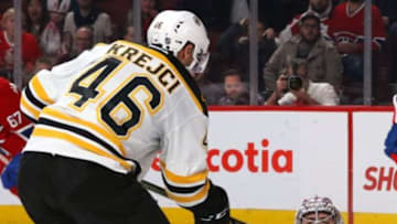 Dec 12, 2016; Montreal, Quebec, CAN; Montreal Canadiens goalie Carey Price (31) makes a save against Boston Bruins center David Krejci (46) during the third period at Bell Centre. Mandatory Credit: Jean-Yves Ahern-USA TODAY Sports