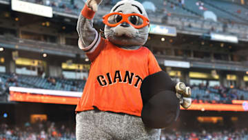 SAN FRANCISCO, CA - SEPTEMBER 10: Lou Seal the Giants mascot puts his thumb down during a MLB game between the Atlanta Braves and the San Francisco Giants on September 10, 2018 at AT&T Park in San Francisco, CA. (Photo by Brian Rothmuller/Icon Sportswire via Getty Images)