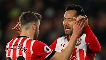 SOUTHAMPTON, ENGLAND - APRIL 05: Maya Yoshida of Southampton (R) celebrates scoring his sides second goal with Sam McQueen of Southampton (L) during the Premier League match between Southampton and Crystal Palace at St Mary's Stadium on April 5, 2017 in Southampton, England. (Photo by Warren Little/Getty Images)
