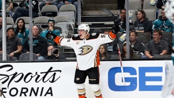 SAN JOSE, CA - OCTOBER 03: Max Comtois #53 of the Anaheim Ducks celebrates after scoring his first NHL goal against the San Jose Sharks at SAP Center on October 3, 2018 in San Jose, California. (Photo by Ezra Shaw/Getty Images)