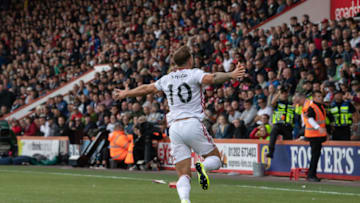 BOURNEMOUTH, ENGLAND - AUGUST 10: Sheffield United's Billy Sharp celebrates scoring his side's first goal in front of the Sheffield United fans during the Premier League match between AFC Bournemouth and Sheffield United at Vitality Stadium on August 10, 2019 in Bournemouth, United Kingdom. (Photo by David Horton - CameraSport via Getty Images)