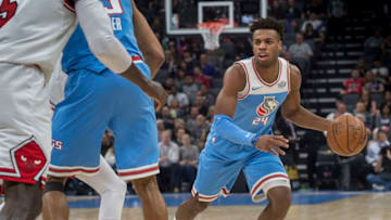 Sacramento Kings guard Buddy Hield (24) looks to make a play against the Chicago Bulls at the Golden 1 Center in Sacramento, Calif., on Monday, Feb. 5, 2018. (Hector Amezcua/Sacramento Bee/TNS via Getty Images)