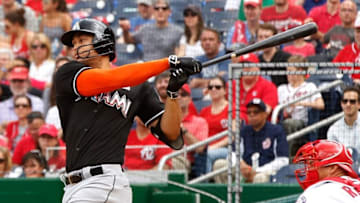 May 14, 2016; Washington, DC, USA; Miami Marlins right fielder Giancarlo Stanton (27) bats against the Washington Nationals at Nationals Park. Mandatory Credit: Geoff Burke-USA TODAY Sports